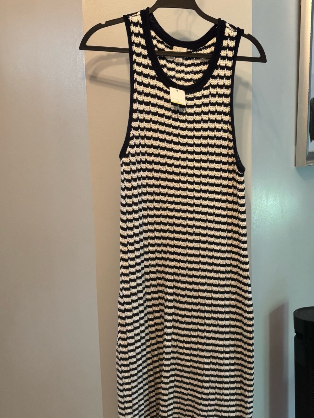 Sleeveless Navy  and White Knit Maxi Dress